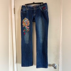 Women’s Low Rise Ed Hardy Rose Of Death Skull Rhinestones Jeans
